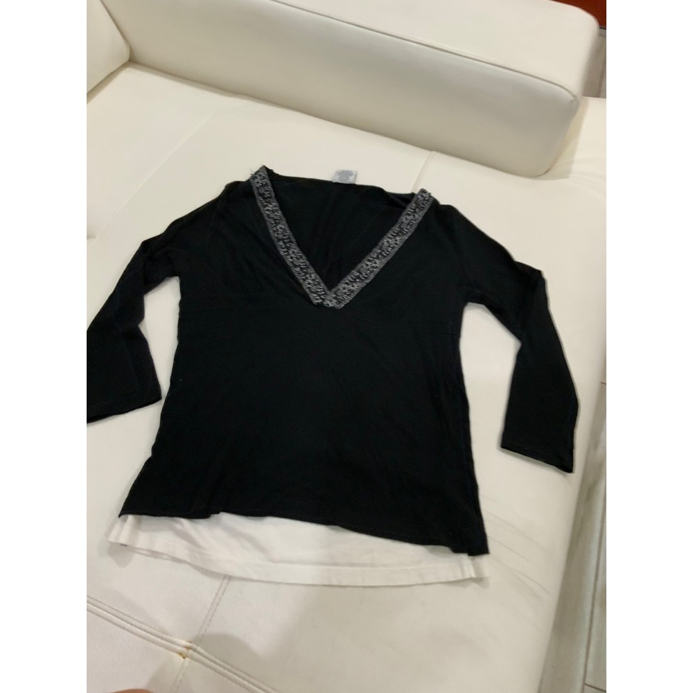 Ellemenno Womens Black Layered V-Neck y2kTop Silver Floral Trim Size M